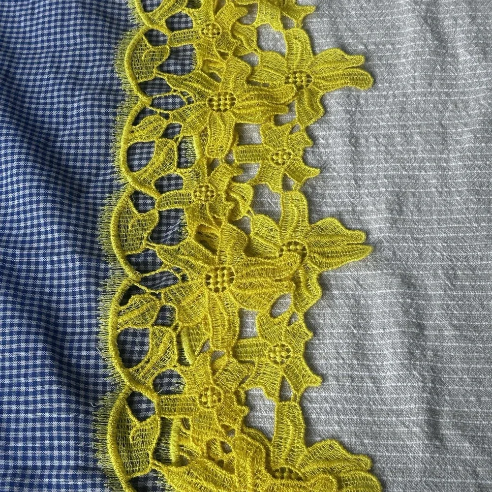 NWT blue/white Gingham Cotton Scarf Bright Yellow Lace Embroidered Ends
